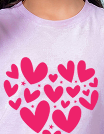 Nusyl Girls Lilac Heart Printed Has a Round Neck Short sleeve T-Shirts