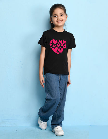 Nusyl Girls Black Heart Printed Has a Round Neck Short sleeve T-Shirts