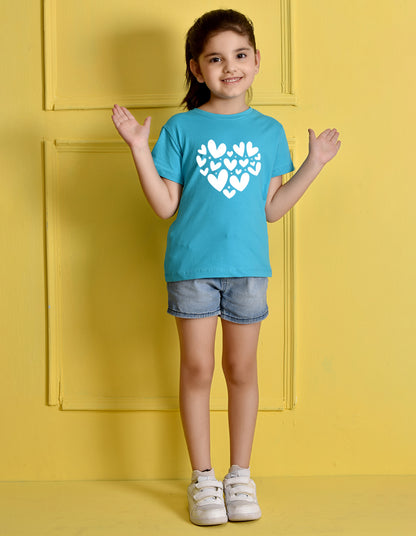 Nusyl Girls Sky Blue Heart  Printed  Has a Round Neck Short sleeve T-Shirts