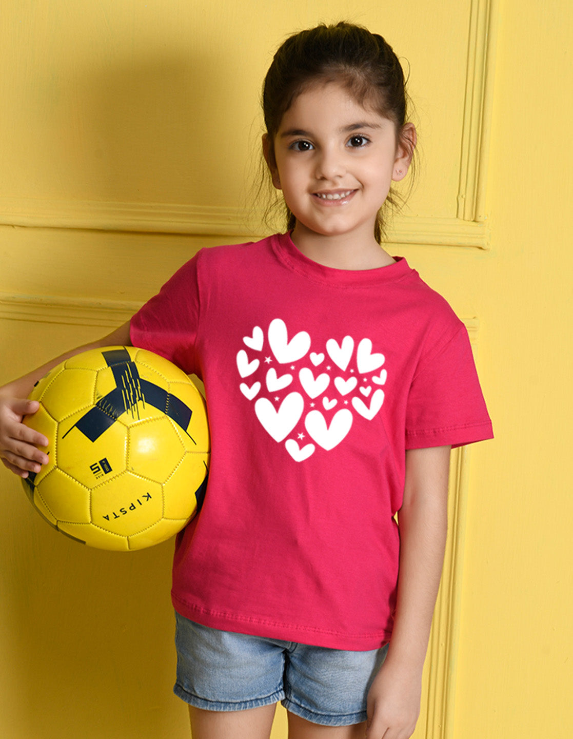 Nusyl Girls Hot Pink Heart  Printed  Has a Round Neck Short sleeve T-Shirts