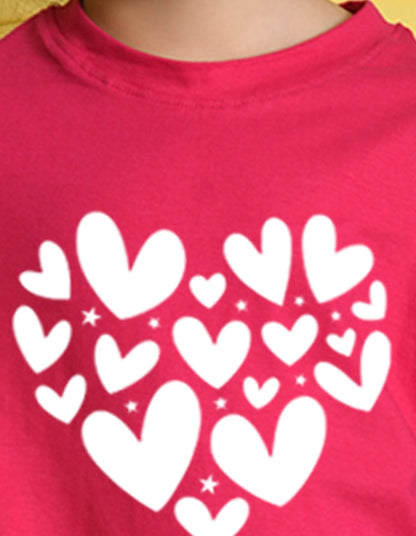 Nusyl Girls Hot Pink Heart  Printed  Has a Round Neck Short sleeve T-Shirts