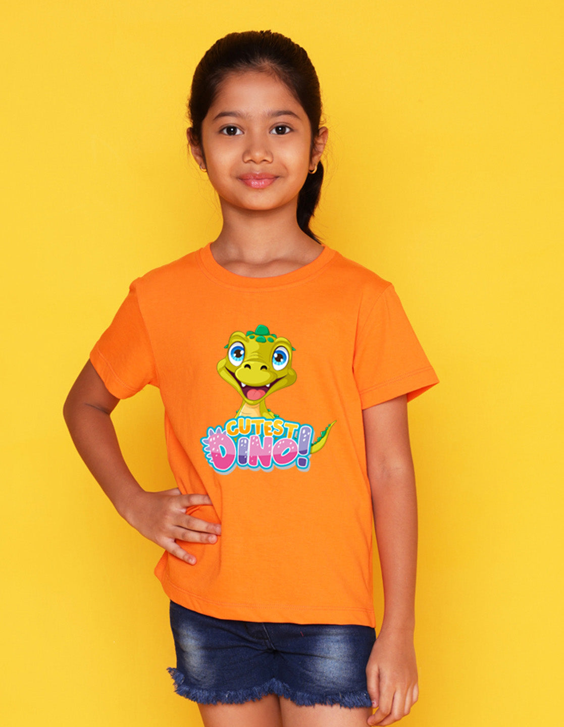 Nusyl Girls Orange Text & Dinosaur Printed Cotton Half Sleeve Regular Fit T-Shirts for Girls