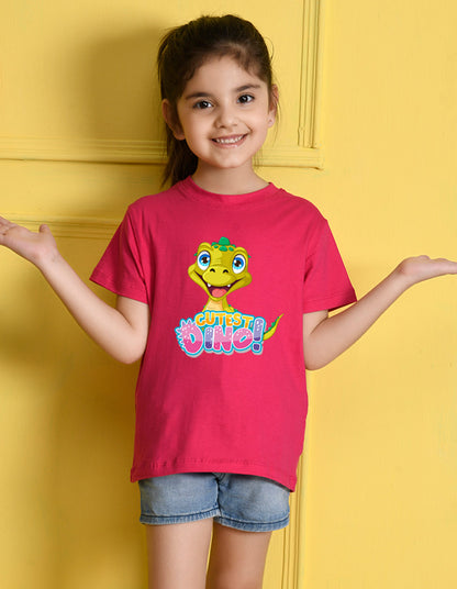 Nusyl Girls Hot Pink Text & Dinosaur Printed Cotton Half Sleeve Regular Fit T-Shirts for Girls