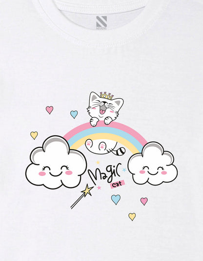 Nusyl Girls White Cat & Rainbow Printed Cotton Half Sleeve Regular Fit T-Shirts for Girls