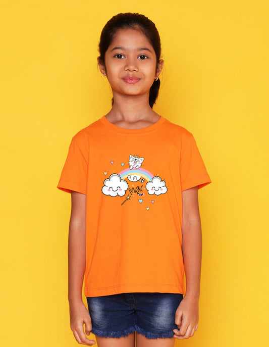 Nusyl Girls Orange Cat & Rainbow Printed Cotton Half Sleeve Regular Fit T-Shirts for Girls