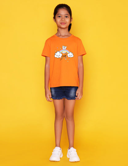Nusyl Girls Orange Cat & Rainbow Printed Cotton Half Sleeve Regular Fit T-Shirts for Girls