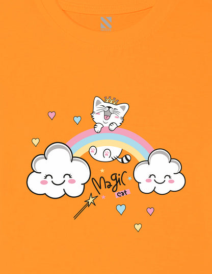 Nusyl Girls Orange Cat & Rainbow Printed Cotton Half Sleeve Regular Fit T-Shirts for Girls