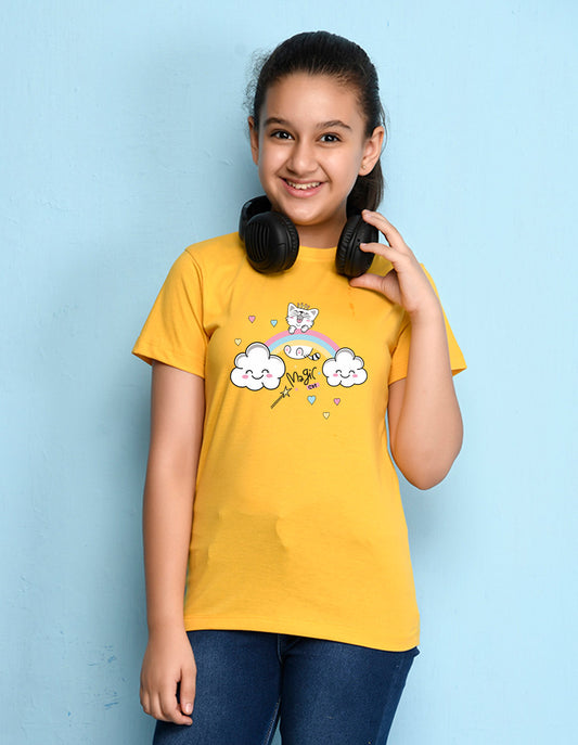 Nusyl Girls Yellow Cat & Rainbow Printed Cotton Half Sleeve Regular Fit T-Shirts for Girls