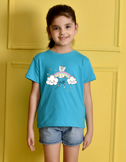 Nusyl Girls Sky Blue Cat & Rainbow Printed Cotton Half Sleeve Regular Fit T-Shirts for Girls