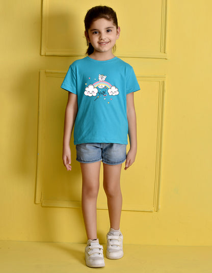Nusyl Girls Sky Blue Cat & Rainbow Printed Cotton Half Sleeve Regular Fit T-Shirts for Girls