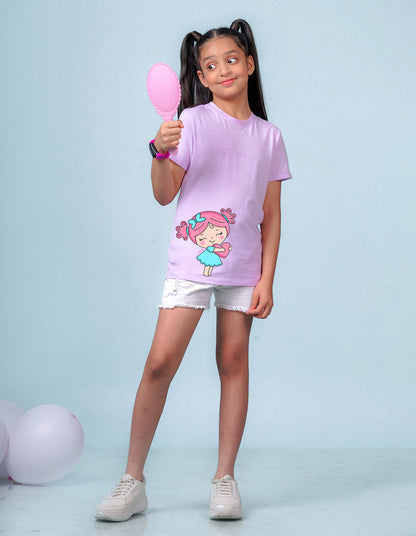 Nusyl Girls Lilac Girls & Heart Printed Cotton Half Sleeve Regular Fit T-Shirts for Girls