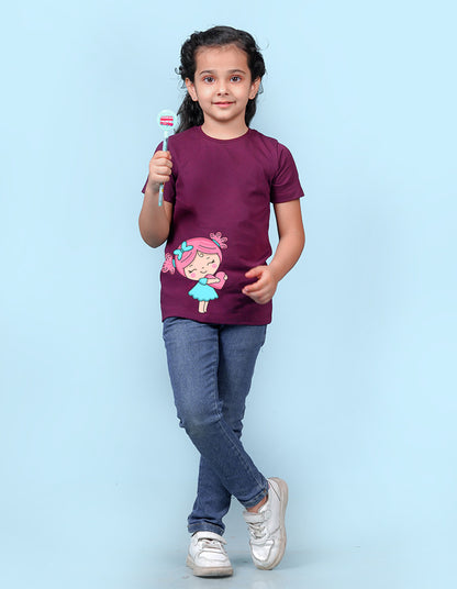 Nusyl Girls Wine Girls & Heart Printed Cotton Half Sleeve Regular Fit T-Shirts for Girls