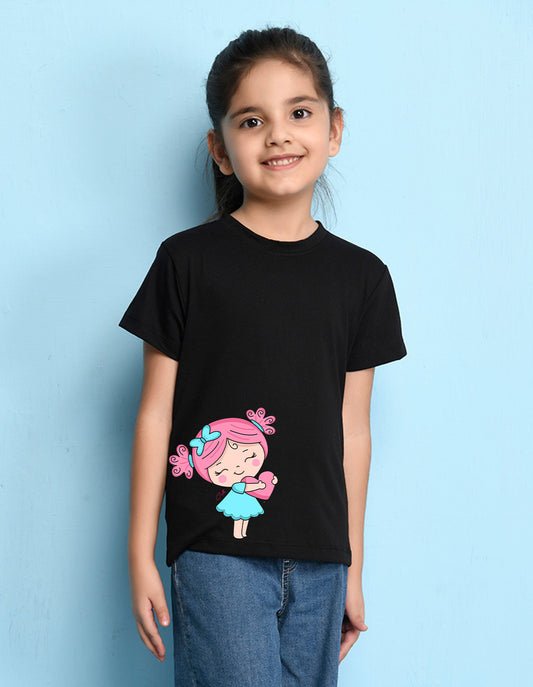 Nusyl Girls Black Girls & Heart Printed Cotton Half Sleeve Regular Fit T-Shirts for Girls