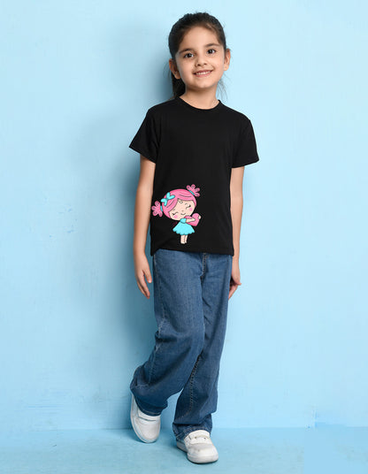 Nusyl Girls Black Girls & Heart Printed Cotton Half Sleeve Regular Fit T-Shirts for Girls