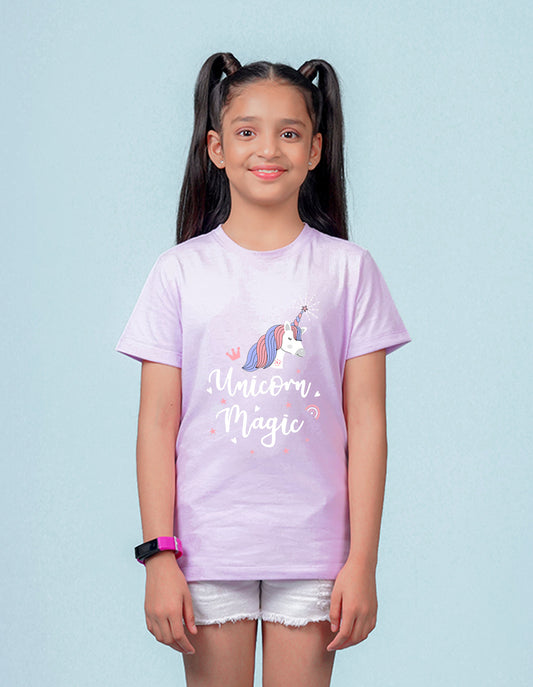 Nusyl Girls Lilac Horse & Text Printed Cotton Half Sleeve Regular Fit T-Shirts for Girls