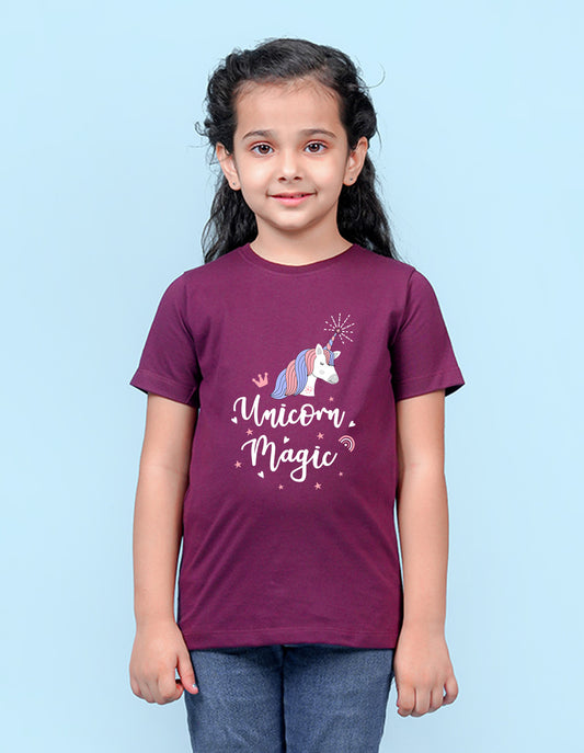 Nusyl Girls Wine Horse & Text Printed Cotton Half Sleeve Regular Fit T-Shirts for Girls