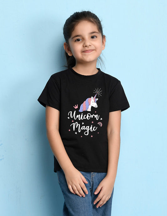 Nusyl Girls Black Horse & Text Printed Cotton Half Sleeve Regular Fit T-Shirts for Girls