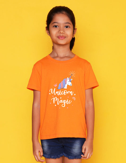 Nusyl Girls Orange Horse & Text Printed Cotton Half Sleeve Regular Fit T-Shirts for Girls