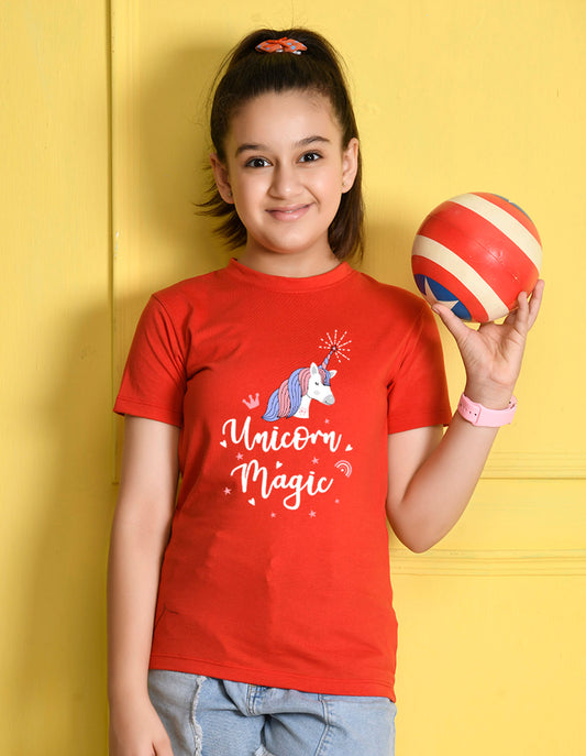 NUSYL Girls Red Unicorn Printed Half sleeve t-Shirt