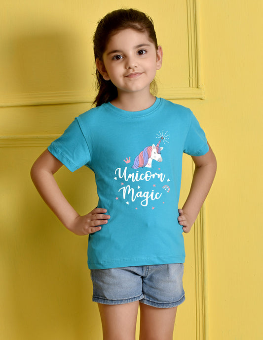 Nusyl Girls Sky Blue Horse & Text Printed Cotton Half Sleeve Regular Fit T-Shirts for Girls
