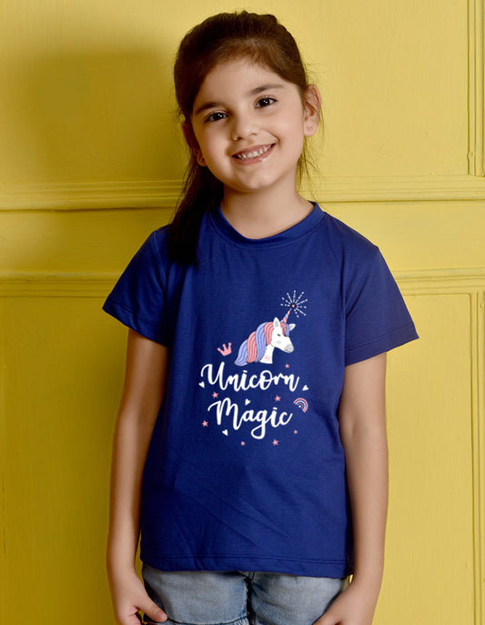 NUSYL Girls Royal Blue Unicorn Printed Half sleeve t-Shirt