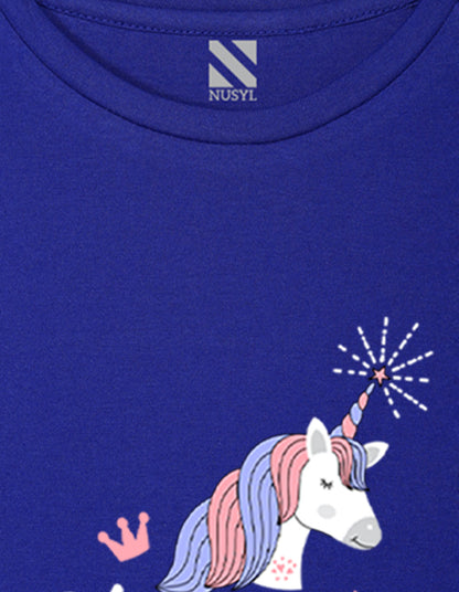 NUSYL Girls Royal Blue Unicorn Printed Half sleeve t-Shirt