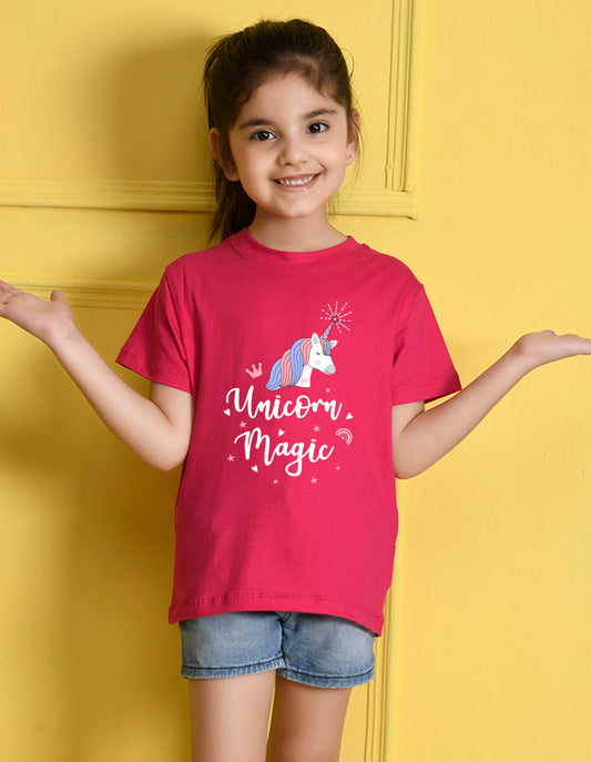 Nusyl Girls Hot Pink Horse & Text Printed Cotton Half Sleeve Regular Fit T-Shirts for Girls