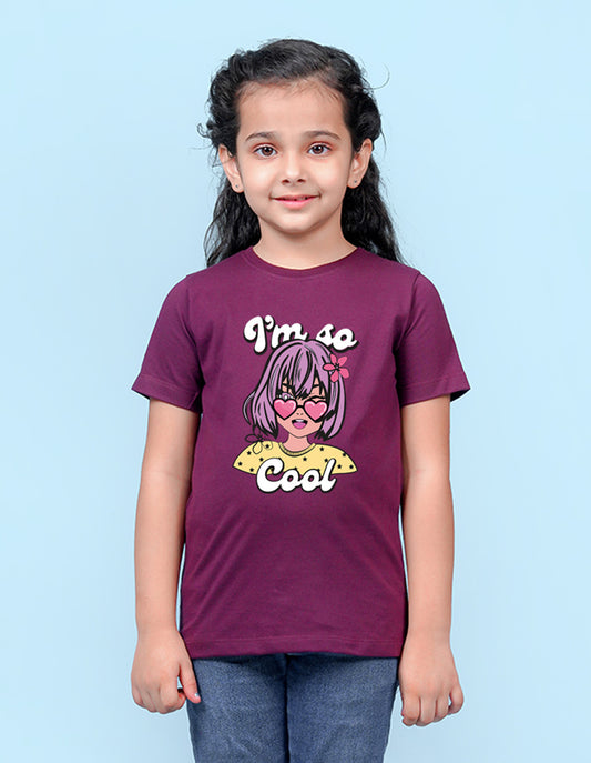 Nusyl Girls Wine Girls & Text Printed Cotton Half Sleeve Regular Fit T-Shirts for Girls