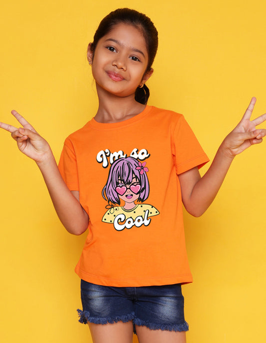 Nusyl Girls Orange Girls & Text Printed Cotton Half Sleeve Regular Fit T-Shirts for Girls