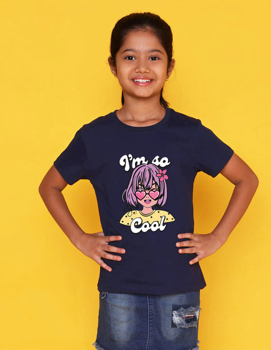Nusyl Girls Navy Blue Girls & Text Printed Cotton Half Sleeve Regular Fit T-Shirts for Girls