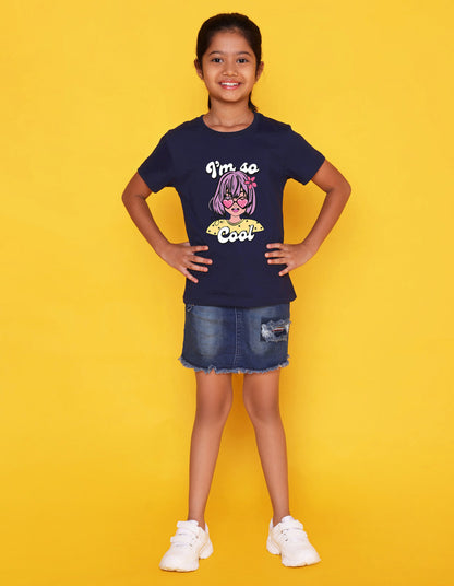 Nusyl Girls Navy Blue Girls & Text Printed Cotton Half Sleeve Regular Fit T-Shirts for Girls