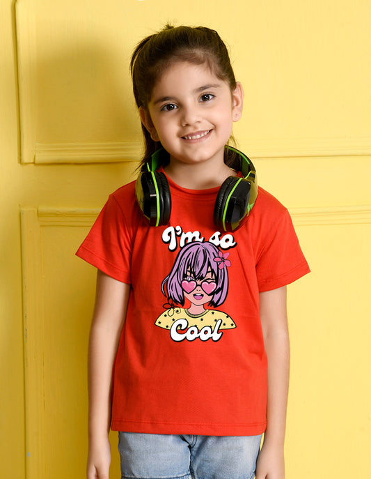 NUSYL Girls Red Girls & Text Printed Half sleeve t-Shirt