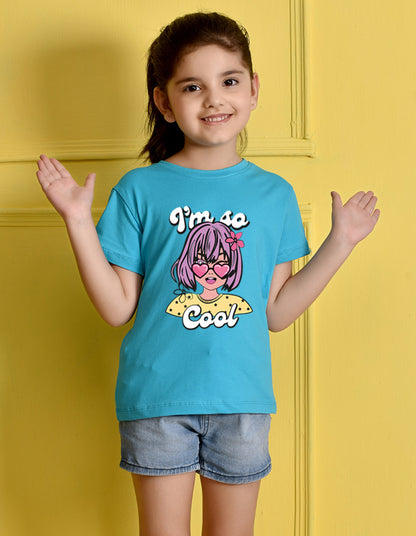 Nusyl Girls Sky Blue Girls & Text Printed Cotton Half Sleeve Regular Fit T-Shirts for Girls