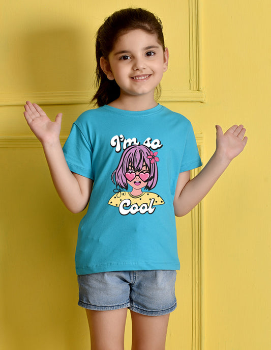 Nusyl Girls Sky Blue Girls & Text Printed Cotton Half Sleeve Regular Fit T-Shirts for Girls
