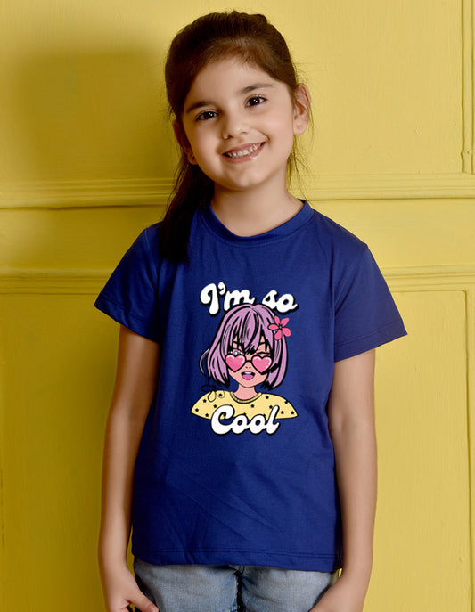 NUSYL Girls Royal Blue Girls & Text Printed Half sleeve t-Shirt