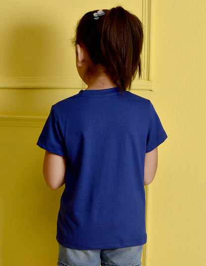 NUSYL Girls Royal Blue Girls & Text Printed Half sleeve t-Shirt