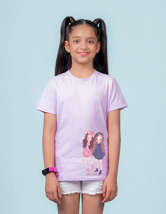 Nusyl Girls Lilac Two Girls Printed Cotton Half Sleeve Regular Fit T-Shirts for Girls