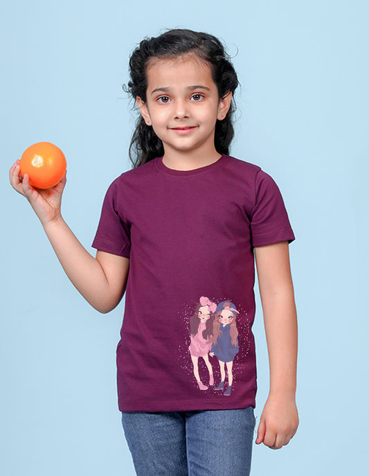 Nusyl Girls Wine Two Girls Printed Cotton Half Sleeve Regular Fit T-Shirts for Girls