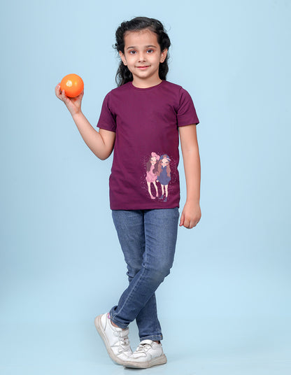Nusyl Girls Wine Two Girls Printed Cotton Half Sleeve Regular Fit T-Shirts for Girls