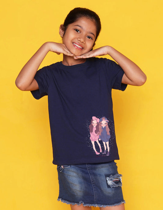 Nusyl Girls Navy Blue Two Girls Printed Cotton Half Sleeve Regular Fit T-Shirts for Girls