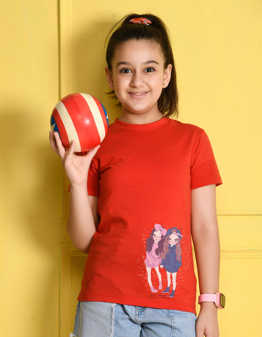 NUSYL Girls Red Best Friend Printed Half sleeve t-Shirt