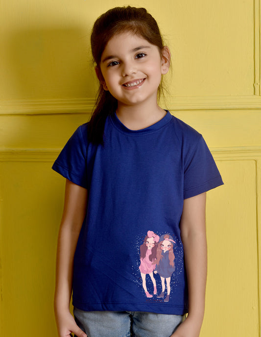 NUSYL Girls Royal Blue Best Friend Printed Half sleeve t-Shirt