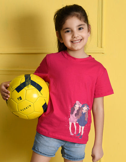 Nusyl Girls Hot Pink Two Girls Printed Cotton Half Sleeve Regular Fit T-Shirts for Girls