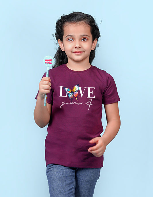 Nusyl Girls Wine Text & Butterfly Printed Cotton Half Sleeve Regular Fit T-Shirts for Girls