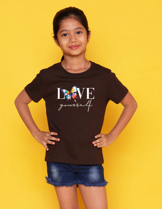 Nusyl Girls Brown Text & Butterfly Printed Cotton Half Sleeve Regular Fit T-Shirts for Girls