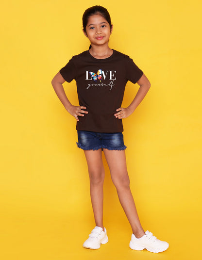 Nusyl Girls Brown Text & Butterfly Printed Cotton Half Sleeve Regular Fit T-Shirts for Girls