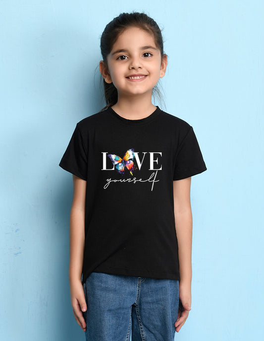 Nusyl Girls Black Text & Butterfly Printed Cotton Half Sleeve Regular Fit T-Shirts for Girls