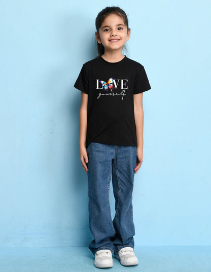 Nusyl Girls Black Text & Butterfly Printed Cotton Half Sleeve Regular Fit T-Shirts for Girls