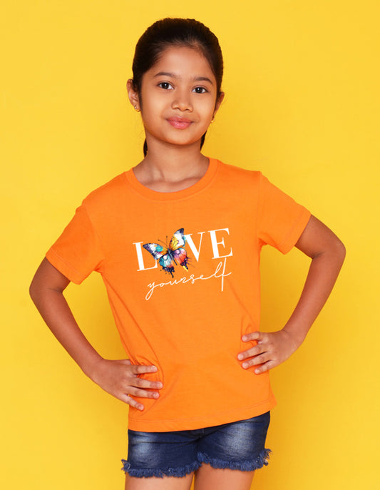 Nusyl Girls Orange Text & Butterfly Printed Cotton Half Sleeve Regular Fit T-Shirts for Girls