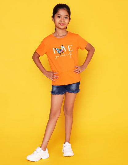 Nusyl Girls Orange Text & Butterfly Printed Cotton Half Sleeve Regular Fit T-Shirts for Girls